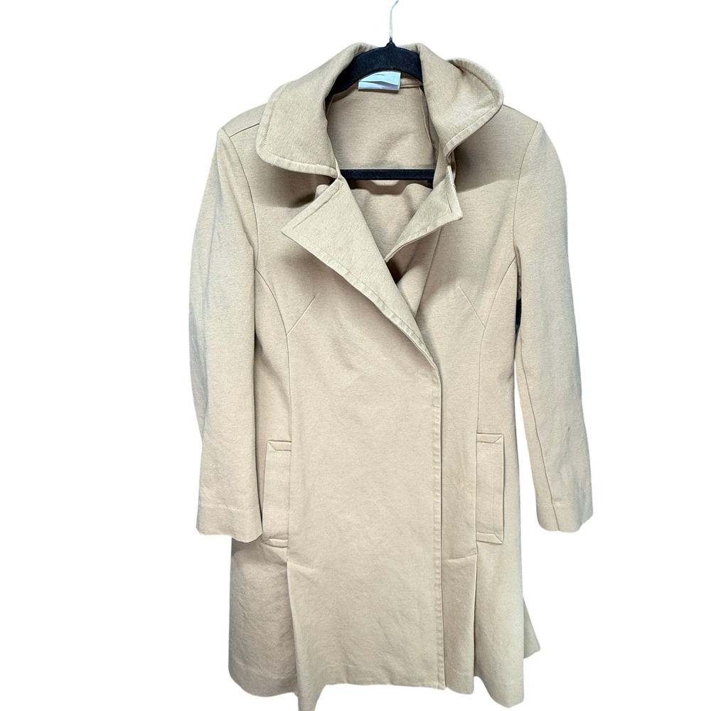 cabi Coat Womens‎ Small Tan Camel Unlined Asymmetrical Collar Long Pockets Knit